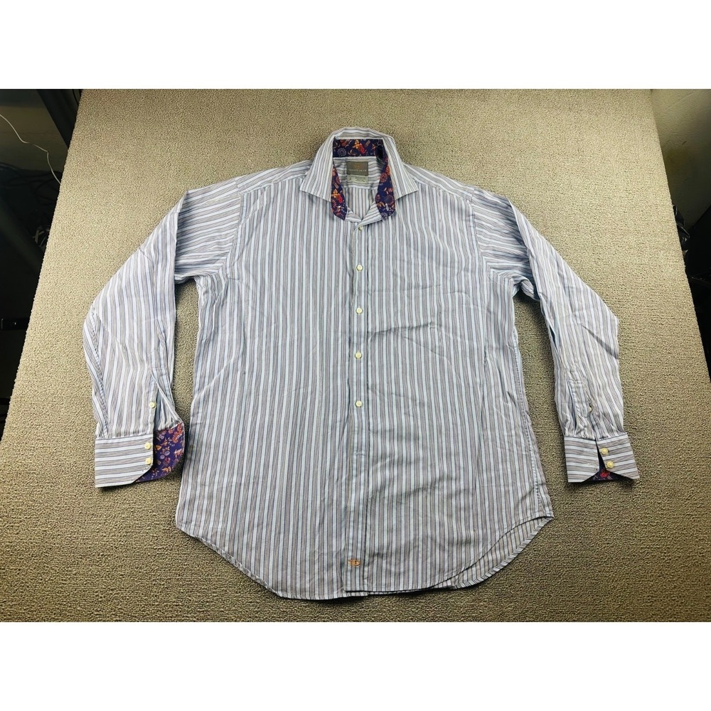 Thomas Dean Button Up Shirt Men L Blue Striped Cotton Preppy Designer Office